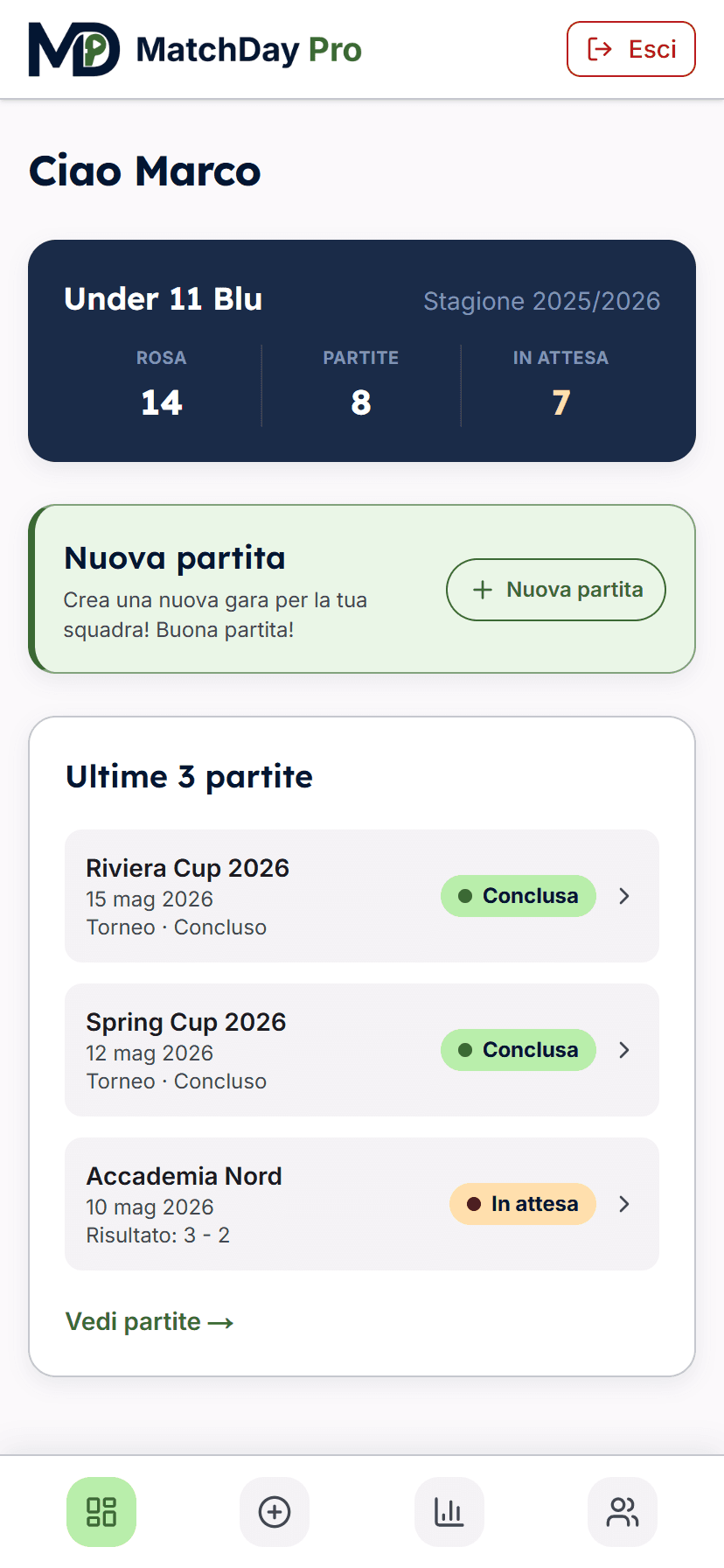 Screenshot dashboard allenatore MatchDay Pro