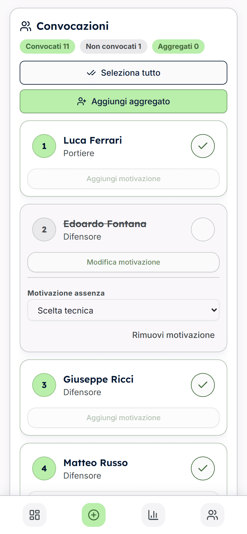 Gestione delle convocazioni e delle assenze prima della partita