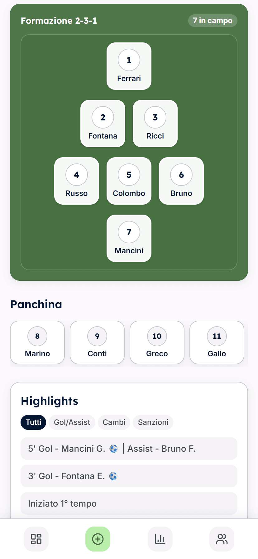 Schermata live match di MatchDay Pro con cronometro, risultato ed eventi della partita